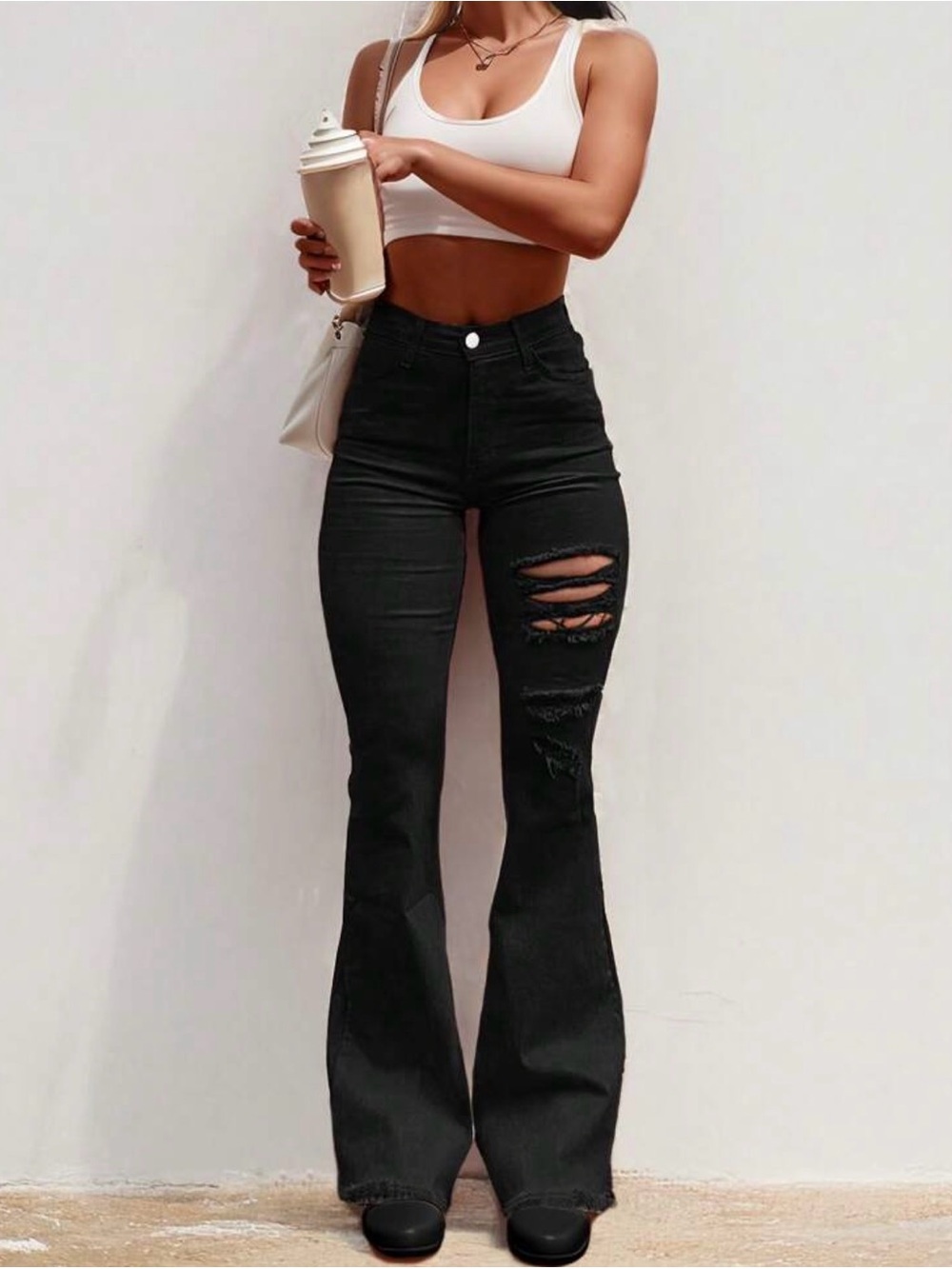 SHEIN Black High-Waist Distressed Flare Jeans